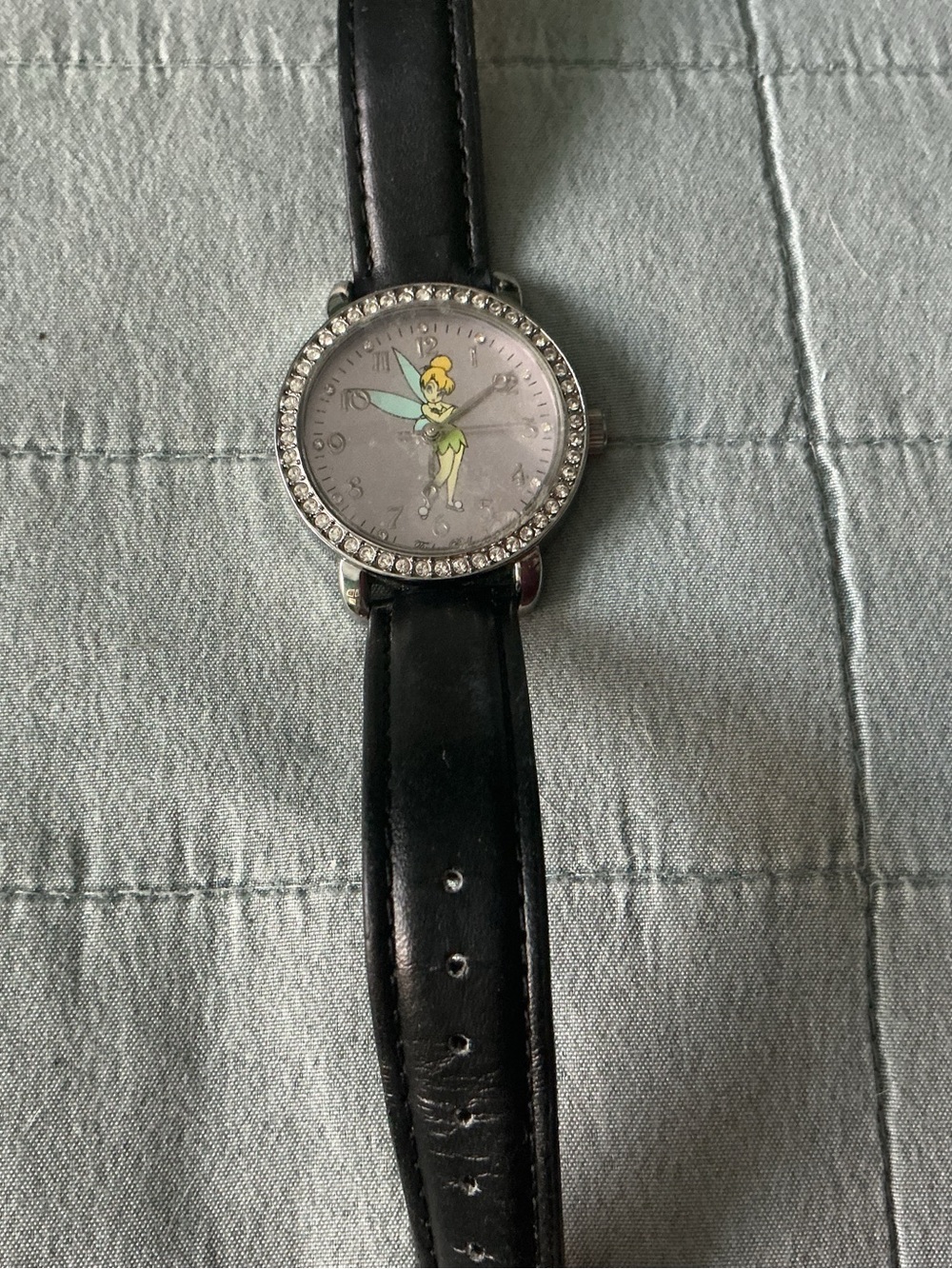 Disney Tinker Bell Watch with Black Strap and Silver Crystal Bezel
